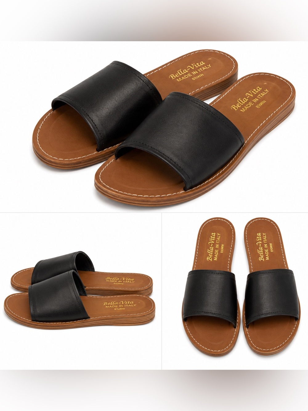 210. Bella Vita Black Slide Sandals with Tan Footbed